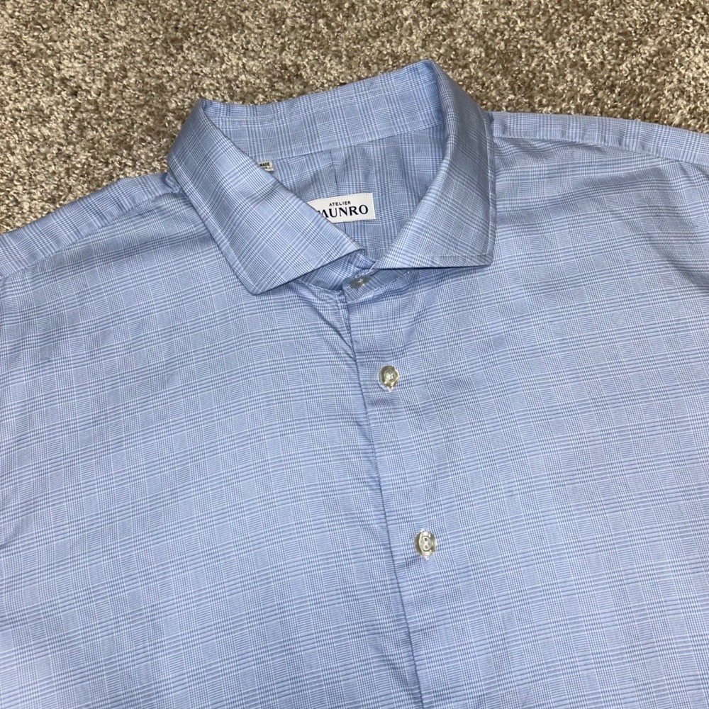 Atelier Munro Button Front Light Blue Plaid Casual Dress Shirt Men L 23.5" P2P